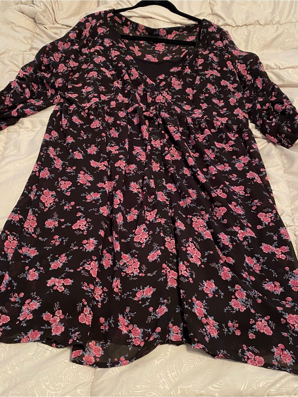 torrid Black Midi Dress with Pink Rose Floral Print